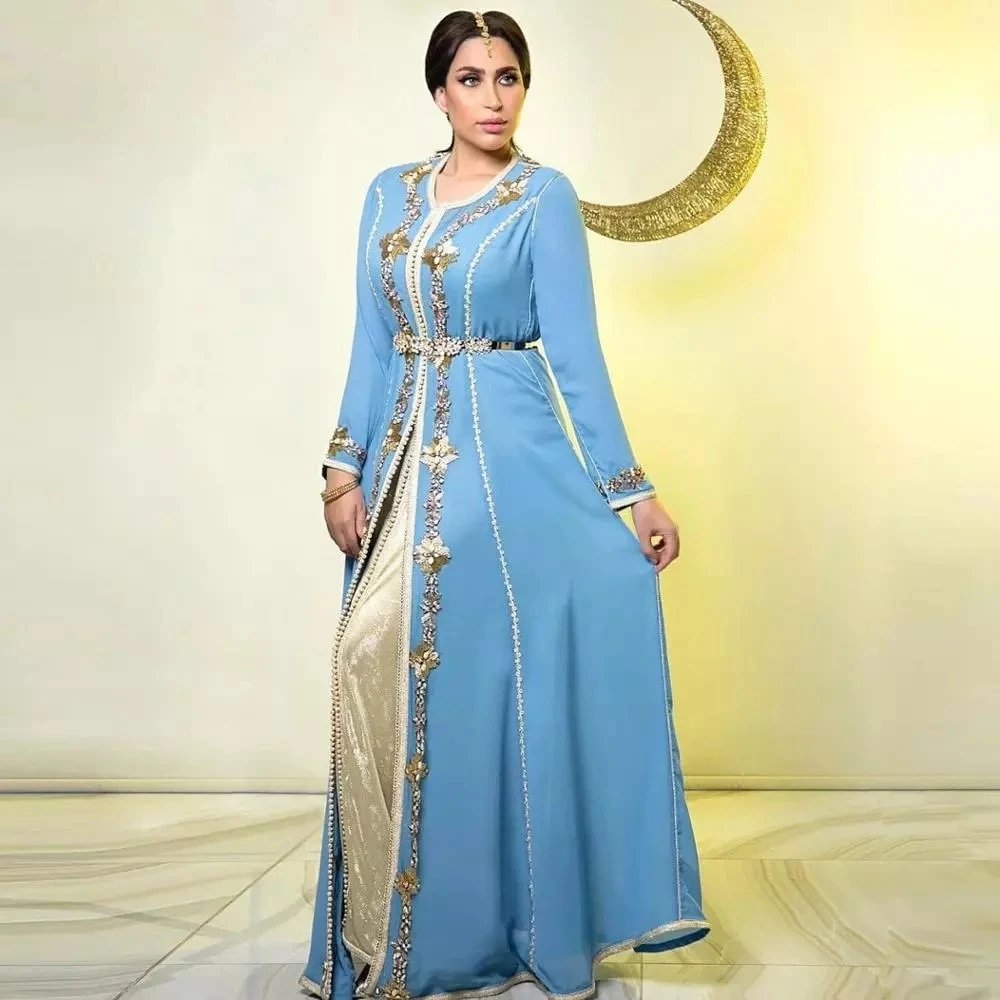 

Blue Moroccan Kaftan Caftan Muslim Evening Dresses A-line Long Sleeves Chiffon Appliques Dubai Arabic Turkey Abaya Islamic Gown