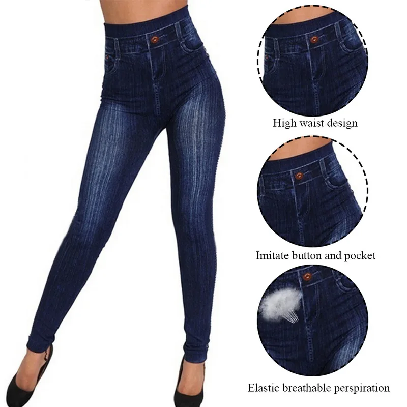 2021 New Women Elastic Jean Leggings Pants High Waist Slim Push Up Seamless Pencil Pants Denim Casual Pants aybl leggings