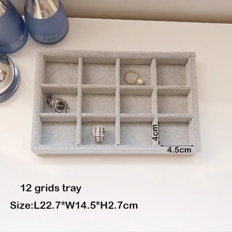Factory Price 22.7*14.5cm 6/12 Grids Black PU Leather Gray Ice Velvet Jewelry Tray Earrings Ring Necklace Pendants Storage Tray