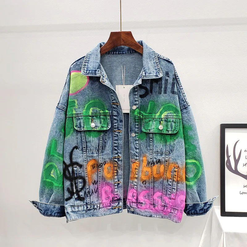 

Fashion Graffiti Letter Print Washed Denim Jacket Women Streetwear Loose Long sleeve Harajuku Denim Coat Female Casual Outerwear