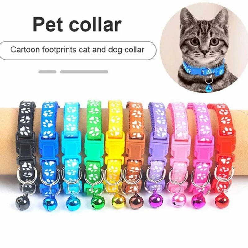 The New Pet Collar, Adjustable Colored Collar with Bell for Positioning and Cat Paw Dog Print Traction Accessories