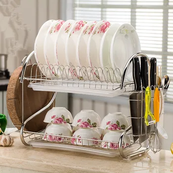 

Kitchen Dishes Drain Double Rack Organizer Modern Home Kitchen Supplies Sundries Environmental Storage Shelf Racks