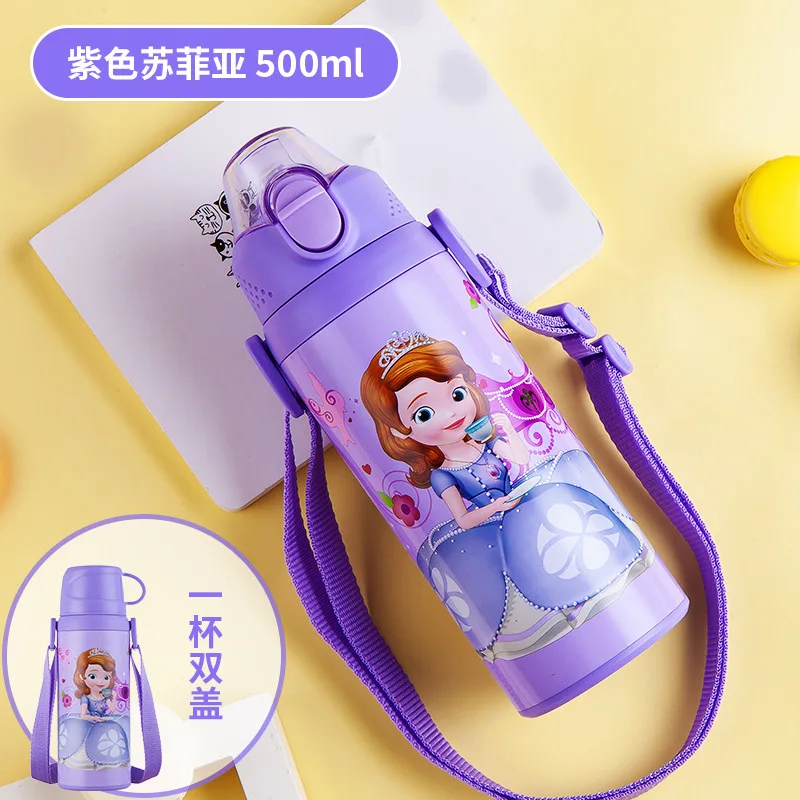Purple Sofi 500 мл детский термос, бутылка для воды, чашка с 2 крышками Микки Минни, детский школьный чайник соломка из нержавеющей стали, Термочашка - Цвет: Purple Sofi