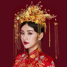 Hot Koop Chinese Bruiloft Traditionele Phoenix Coronet Lange Tassel Tiara Kronen Oorbellen Bruid Bruiloft Sieraden Sets