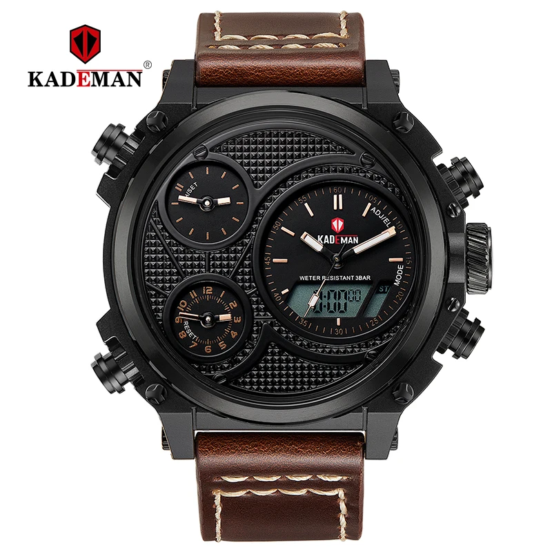 KADEMAN Top Luxury Brand Mens Watches LED Display Casual Leather Wrist Waterproof Alarm Sport Male Digital Relogio Masculino