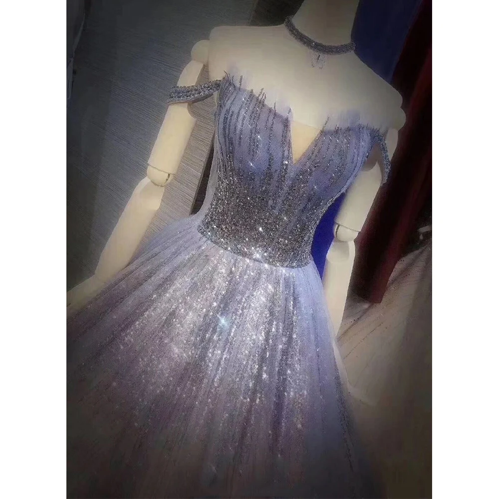 

Eye Catching ball Gown Evening Dress Draped Long Off the Shining Beading Sequins Lace-up Back