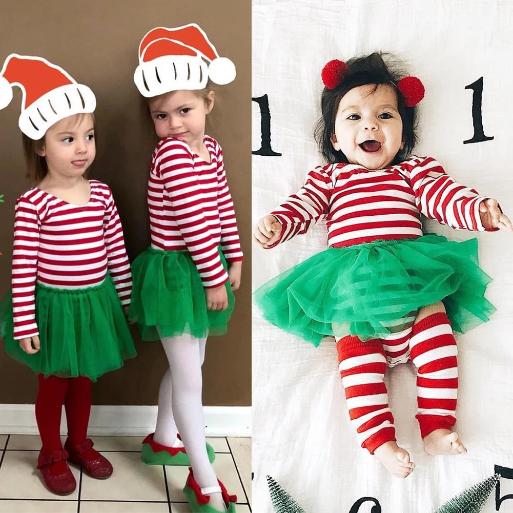 Brand New Newborn Baby Girl Striped Long Sleeve Jumpsuit Lace Tutu Dress Outfits Lovely Baby Girl Xmas Clothes