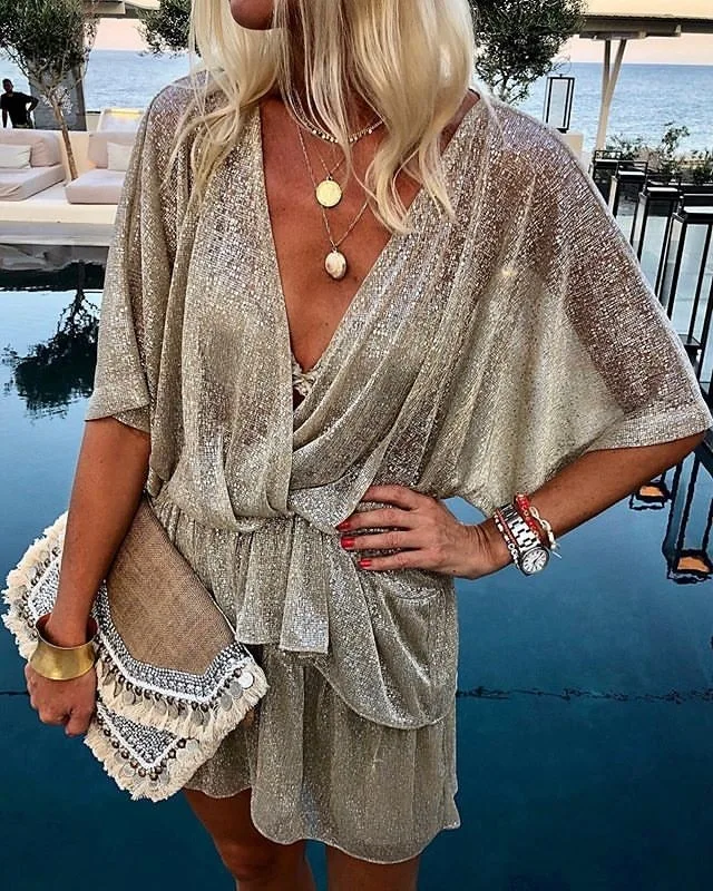 Ceremokiss Glitter V Neck Reflective Summer Dress Women Nightclub Sexy Dress With Sashes Elegant Mini Club Dress Vestidos