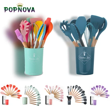 

Silicone Cooking Utensils 11Pcs Kitchen Utensil Set Non-stick Spatula Wooden Handle With Storage Box Kitchen Tools Kitchenware