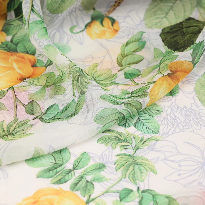 

114CM Wide 12MM Yellow Pink Floral Print Thin White Silk Georgette Fabric for Summer one-piece dress Shirt Clothes B201