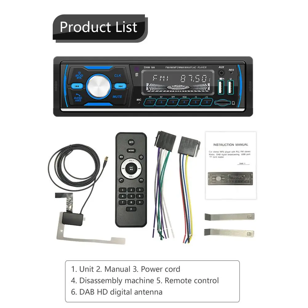 Remoto Único Din Digital Media Receptor Suporte FM AM RDS DAB DAB + MP3