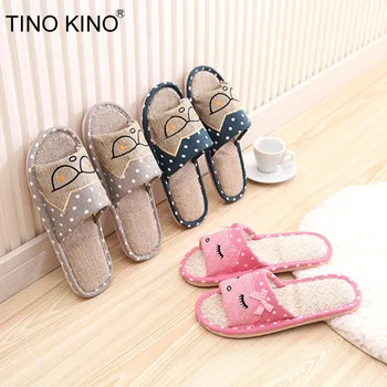 

TINO KINO Women Bowtie Flat Home Slippers Hemp Ladies Soft Bottom Shoes Warm Male Female Couple Indoor Casual Footwear Plus Size