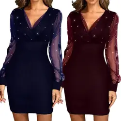 Lady Dress Sequins Sexy Autumn Long Sleeve Dress Female Retro Elegant Party Solid Color Mini Evening Dresses for Banquet