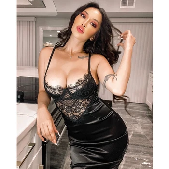 

New Sexy Women Nightgown Stain Sleepwear Sleep Dress Thongs 2PCS Lace Strappy Solid Nightwear Night Dress Female Mujer Vestido