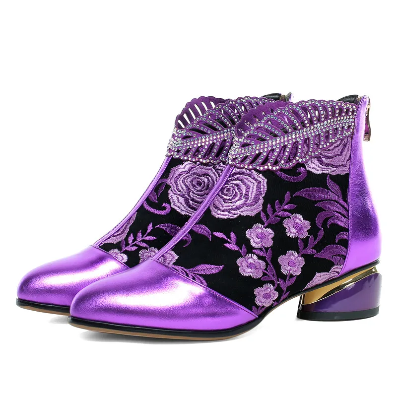 Роскошные женские ботильоны из натуральной коровьей кожи; пикантная вышивка кристаллами толстый низкий каблук; осенние ботинки; Botines Mujer; - Цвет: Purple