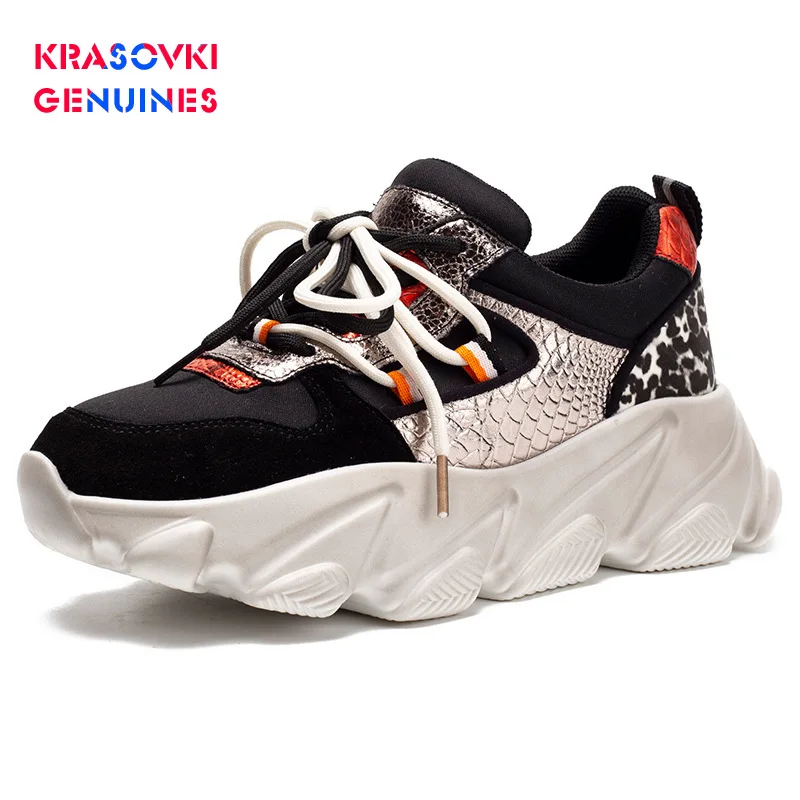 Krasovki Genuines/женские кроссовки; сезон осень; Прямая поставка; модная женская дышащая обувь для отдыха на толстой подошве с круглым носком и перекрестной шнуровкой