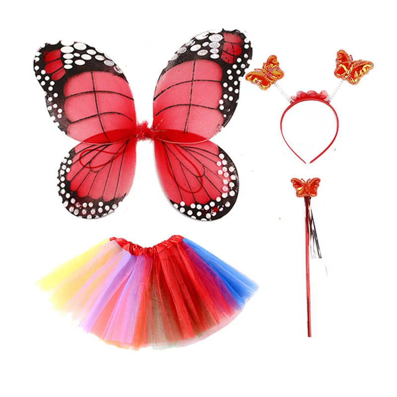 Red tutu set Комплект из 4 предметов для маленьких девочек Фея Бабочка костюм комплект с крыльями для бальных танцев юбка-пачка палочка и повязка на голову для девочек мини-юбка принцессы пачки - Цвет: Red tutu set