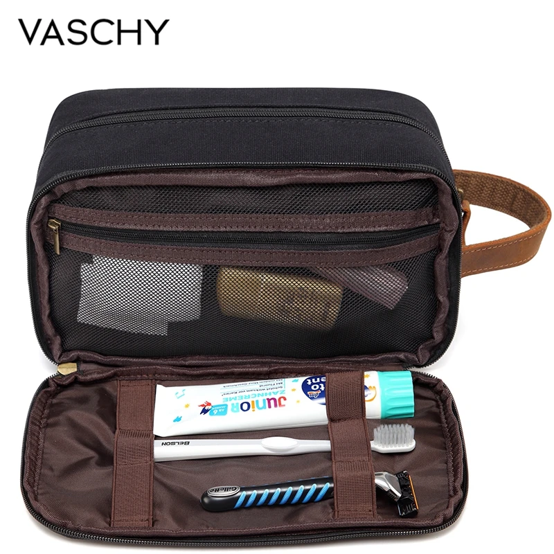 Vintage Leather Canvas Travel Toiletry Bag Shaving Dopp Kit Men Shaving Case