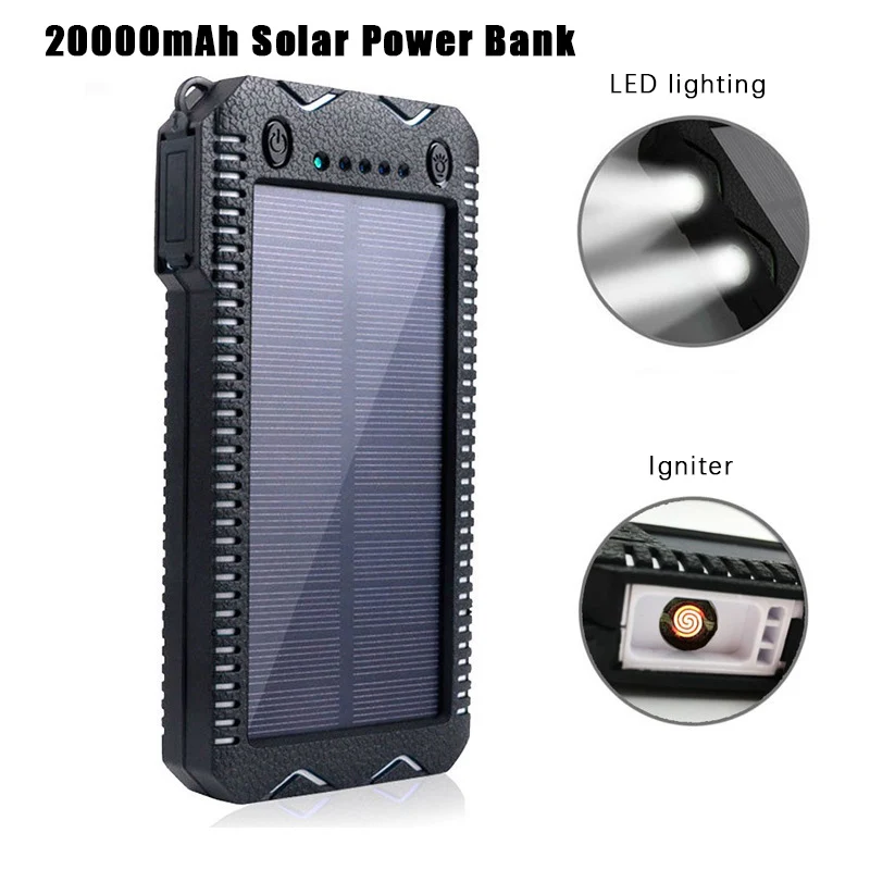 

Hot-selling 20000mAh Solar Power Bank Waterproof dustproof Dual USB Output Double LED flashlight Lighter with Lithium Battery