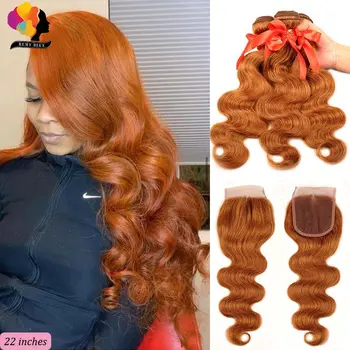 

Brazilian Honey Blonde Bundles With Closure #30 Colored Body Wave 3 Bundle With Closure Remy Human Hair Pre Plucked Remyblue