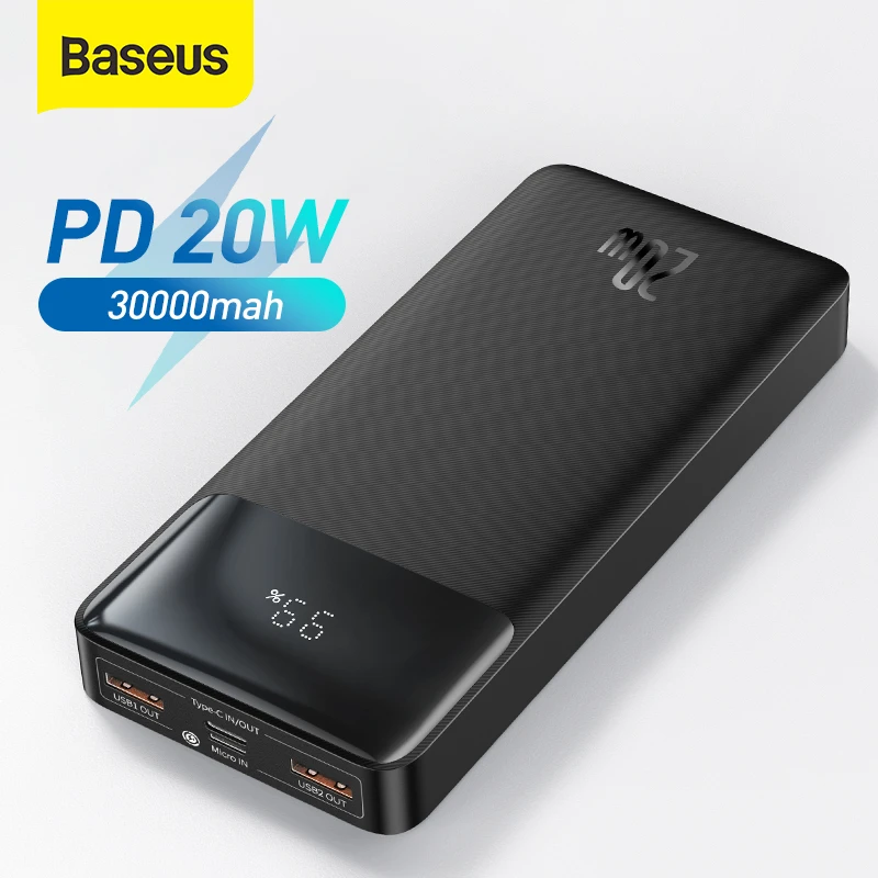 Baseus Power Bank 30000mAh Portable Charging Poverbank Mobile Phone External Battery Quick Charger Powerbank 20000mAh for XiaoMI