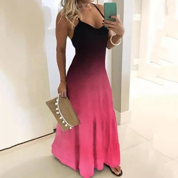 

Summer Dress For Women Fashion Gradient Sleeveless Long Dress V-Neck Strap Female Vacation Maxi Dress