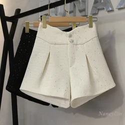 Preto de lã larga perna shorts para as mulheres outono e inverno 2021 nova moda lantejoulas cintura alta emagrecimento casual bootcut outerwear