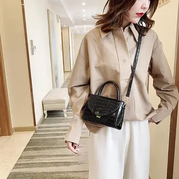 

Casual Mini Solid Color Messenger Shoulder Tote Bag Fashion Top-handle Bag Female Crocodile Grain PU Leather Handbags