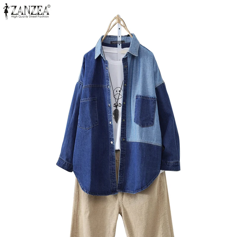 ZANZEA, женские топы больших размеров, Blusas, Осенние Лоскутные Джинсовые синие блузки, свободные туники с длинным рукавом, повседневные рубашки на пуговицах