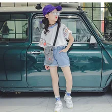 Джинсовые шорты для девочек новые популярные модели, летние свободные модные однотонные штаны для больших детей детские штаны