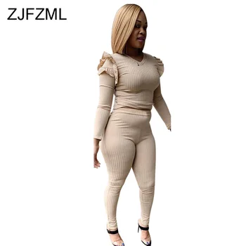 

Solid Ribbed 2 Piece Set Women Clothes 2019 V Neck Full Sleeve Crop T Shirts + High Waist Long Pants Plus Size Autumn Winter Set