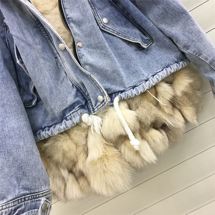 Воротник из натурального Лисьего меха+ Съемная подкладка из меха кролика джинсовое пальто зимнее женское утолщенное теплое пальто куртка