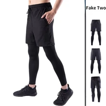 

New Men's Fake Two-piece Tight Pants Running Fitness Drawstring Sweatpants Elastic Quick-drying Trousers Man Running Sport Pants