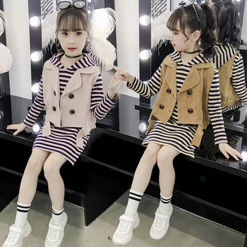 

Fashion Spring Autumn Baby Girls Clothing Sets Long Sleeve Striped Hoodies+Single Breasted Solid Vest Kid Casual Clothes Suits