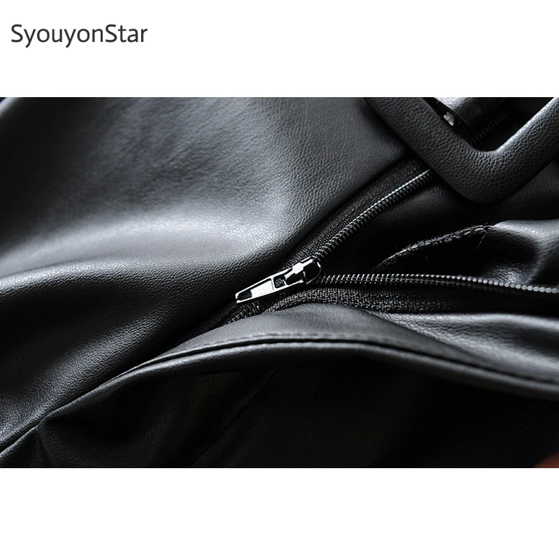 SyouyonStar черные зимние штаны из искусственной кожи женские теплые бархатные штаны с высокой талией с поясом