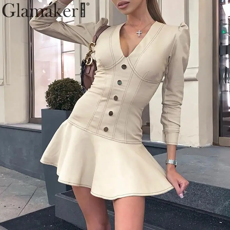 Glamaker, хаки, сексуальное клубное мини-платье для вечеринки, зимнее, элегантное, с длинным рукавом, v-образный вырез, на пуговицах, короткое платье для женщин, Осеннее, женское, облегающее платье