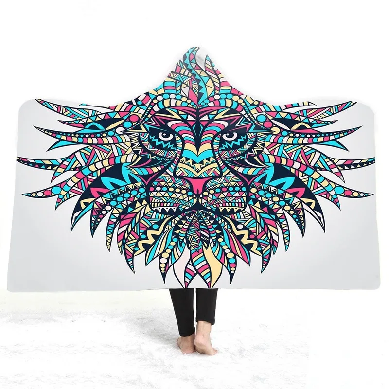 

Hippie Lion Hooded Blanket for Men and Kids Halloween Dress Up Magic Cloak Thicken Warm Flannel Blanket with Hat Plush Blankets