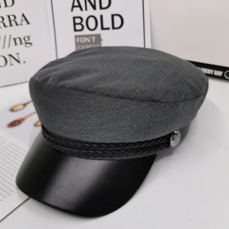 Британский стиль, военная шапка из искусственной кожи, осенне-зимняя шерстяная шляпа моряка для женщин, черная плоская Женская кепка для путешествий, Кепка Капитана - Цвет: Dark Grey Cotton