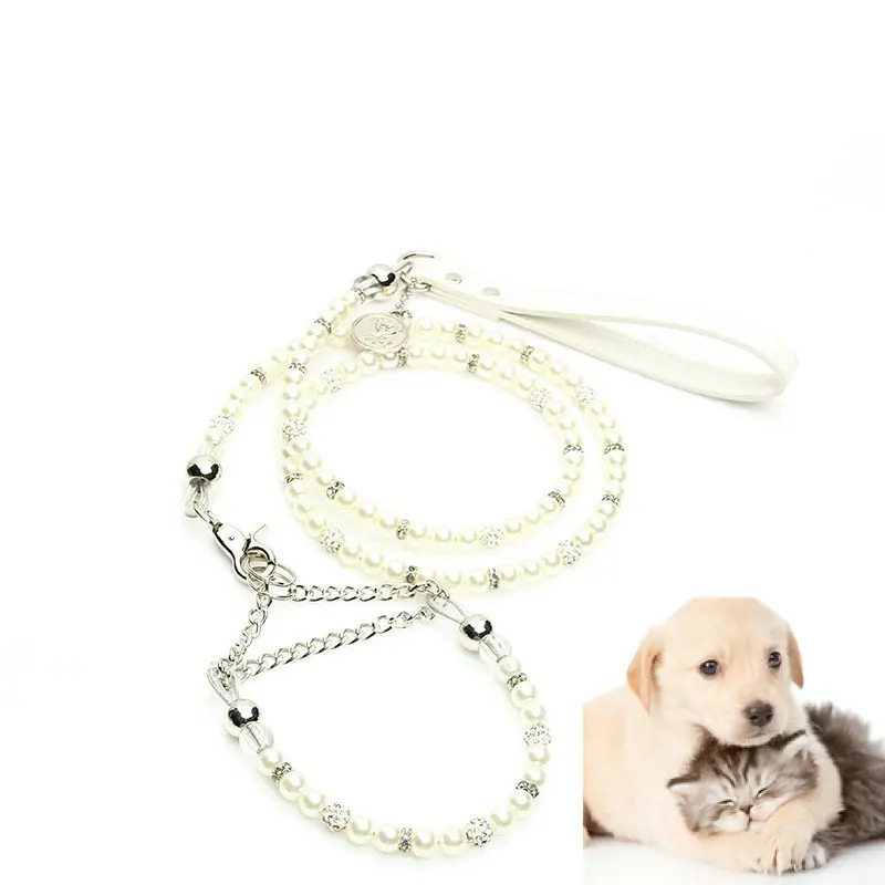 

Luxury Pearls Pet Collar Leash Set Walking Jogging Outdoor Necklace Beads Collars Rope for Dog Cat Collar Chain