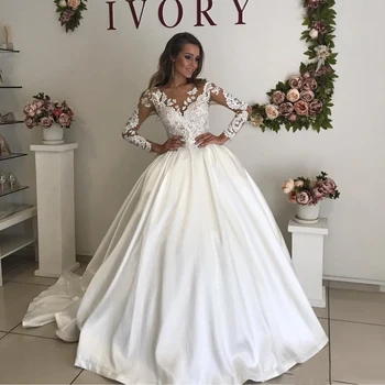 

Romantic White Satin A-line Wedding Dresses Sheer Applique Lace Long Sleeve Wedding Gown vestido de noiva