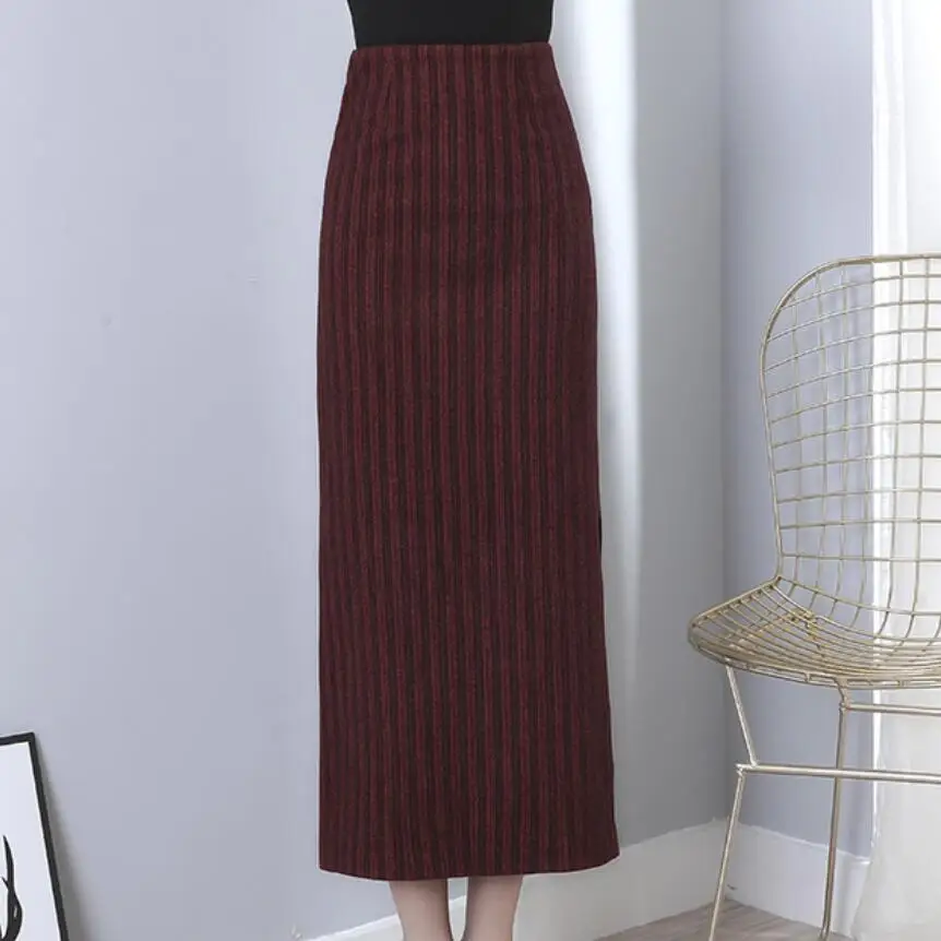 plus size 5XL! winter fashion striped woolen skirt women high waist package hip split skirt