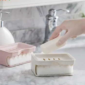 

2Pcs Double-Layer Draining Soap Dish Case Bathroom Organizer Box Portable Soap Holder Soap Container with Sponge Khaki