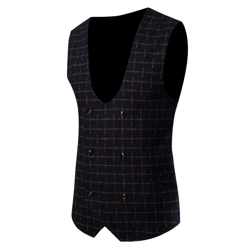 Men Fashion Business Smart Casual plaid double breasted vest Wedding Party Waistcoat Tops vintage gilet Jacket free shiping - Цвет: Yellow 8