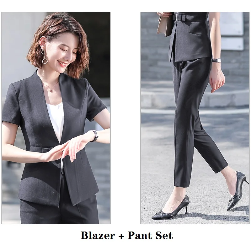 Blazer and Pant Set Летние Формальные брючные костюмы для женщин, деловые костюмы, Серый Блейзер и пиджак, наборы, Дамская рабочая одежда, одежда с коротким рукавом - Цвет: Blazer and Pant Set