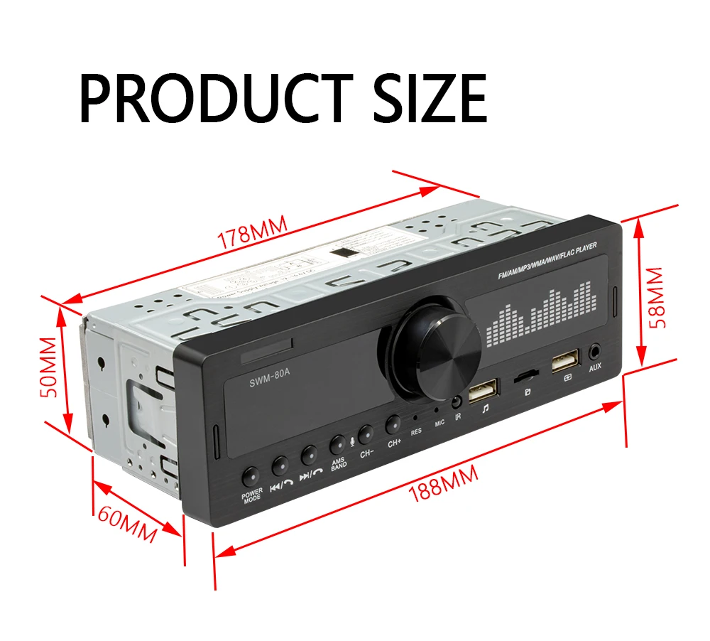 1 DIN Car Stereo MP3 Player FM Radio Bluetooth AUX TF Card U Disk Head Unit In Dash Digital Media Receiver MP3 Player