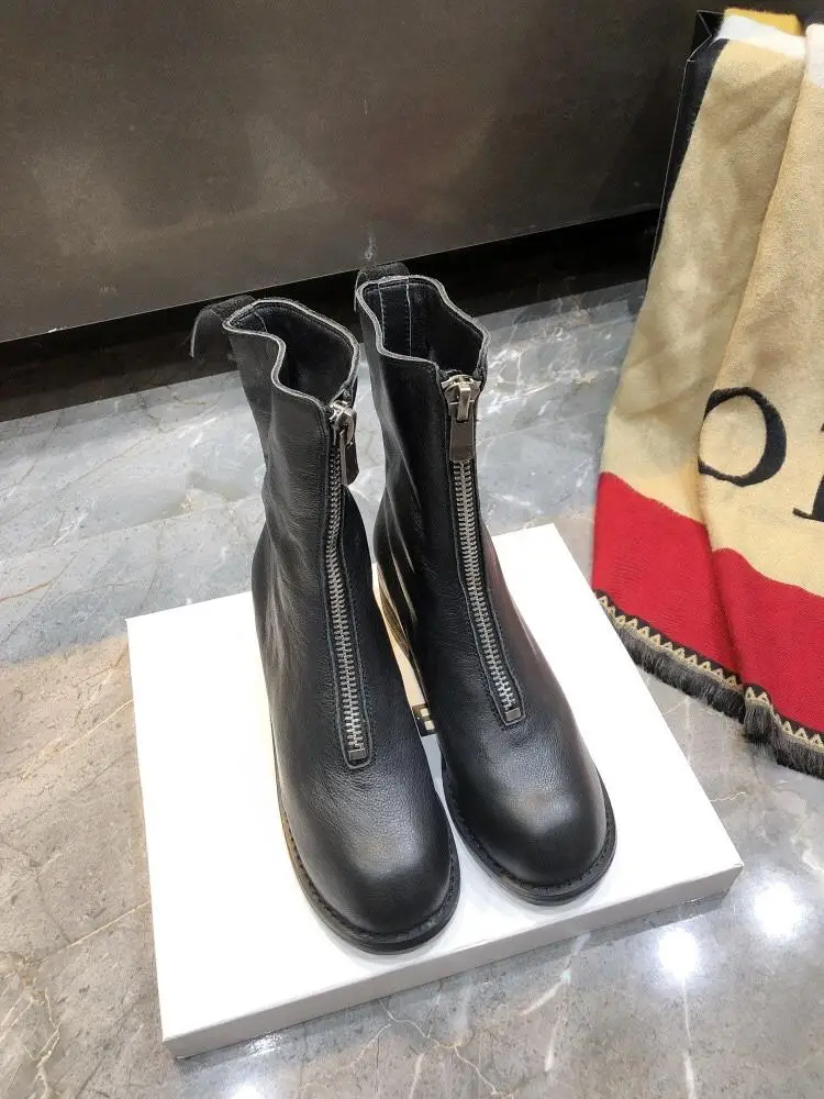Ботинки в стиле ретро; женская повседневная обувь на молнии; Botas Mujer; Bota Feminina; кожаная обувь; женская обувь до середины икры; Botines Mujer; коллекция года; модная обувь; zapatos De Mujer