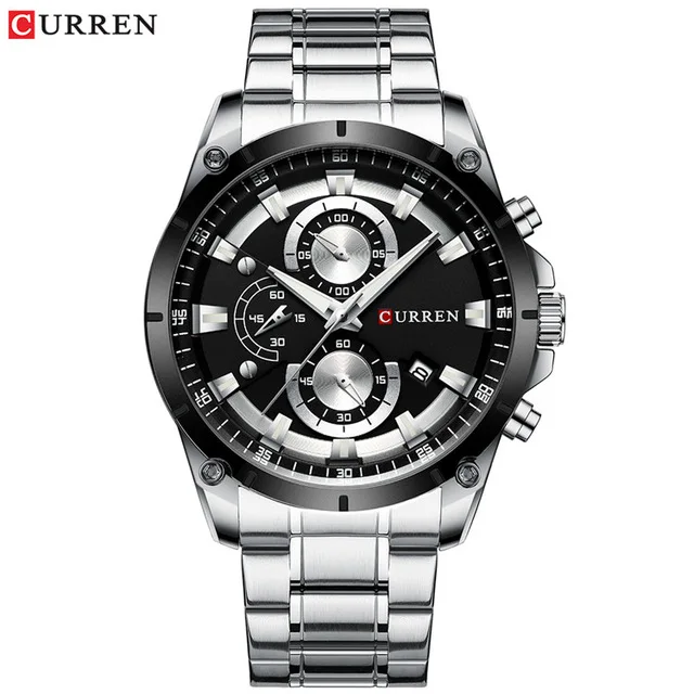 silver black CURREN новые модные мужские часы с нержавеющей сталью Топ бренд класса люкс Спортивный Хронограф Кварцевые часы для мужчин Relogio Masculino - Цвет: silver black