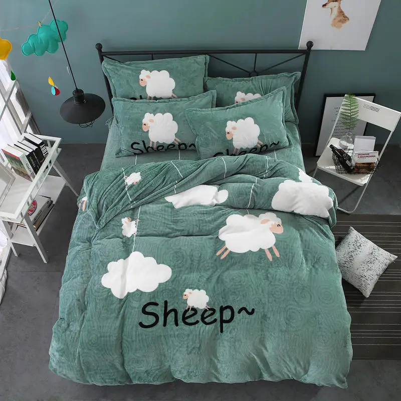 

Fine flannel Bedding Set little sheep Bed Set luxury dark cyan Thicken Duvet Cover Set Bed Sheet Pillowcases Twin Queen size bed