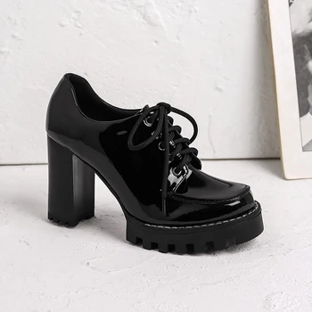 

Genuine Leather High Heel Woman Pumps Fashion Round Toe Dress Lazy High Heel Shoes Ladies Black Platform Pumps