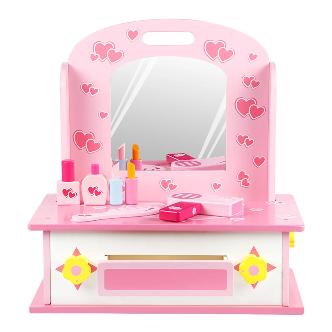  14Pcs 2-in-1 Children Pretend Play Wooden Dressing Table Kitchen Counter Playset Educational Make U - 4000288555202